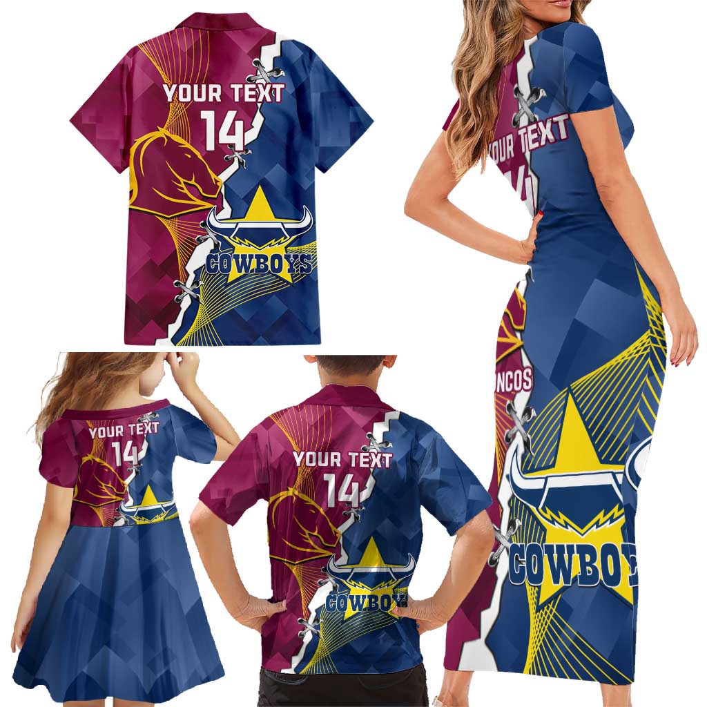 Custom Cowboys And Broncos Rugby Family Matching Short Sleeve Bodycon Dress and Hawaiian Shirt Dynamic Style