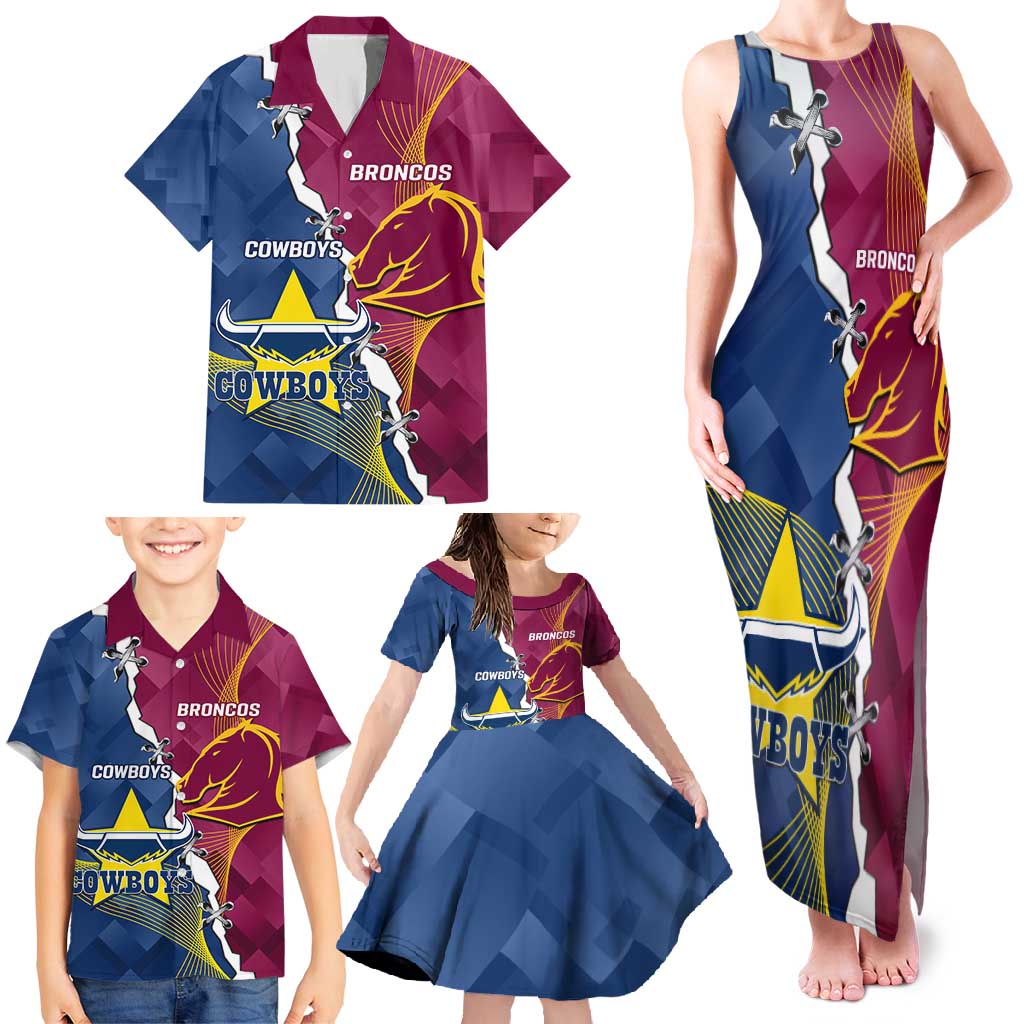 Custom Cowboys And Broncos Rugby Family Matching Tank Maxi Dress and Hawaiian Shirt Dynamic Style