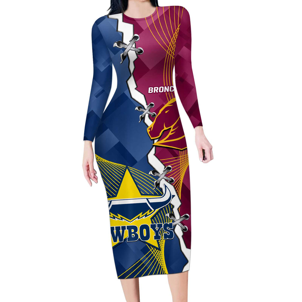 Custom Cowboys And Broncos Rugby Long Sleeve Bodycon Dress Dynamic Style