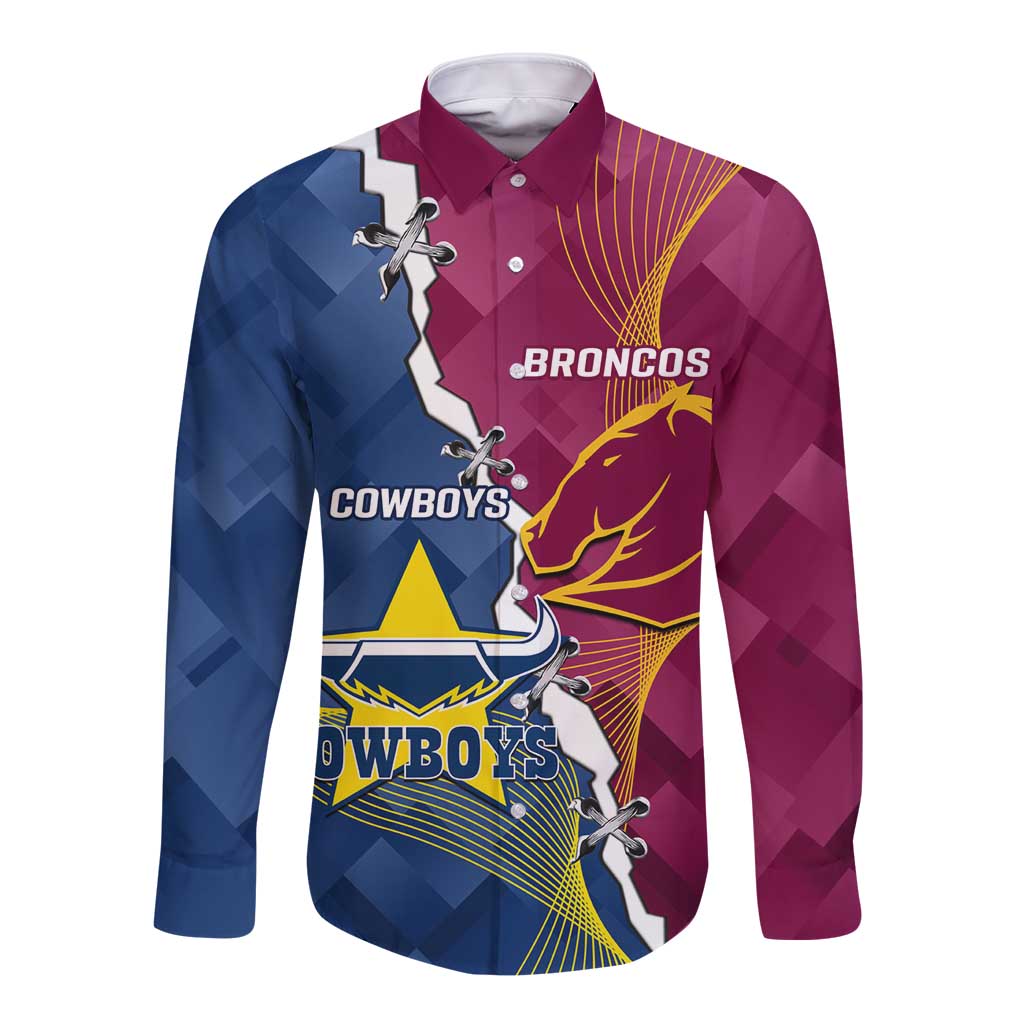 Custom Cowboys And Broncos Rugby Long Sleeve Button Shirt Dynamic Style