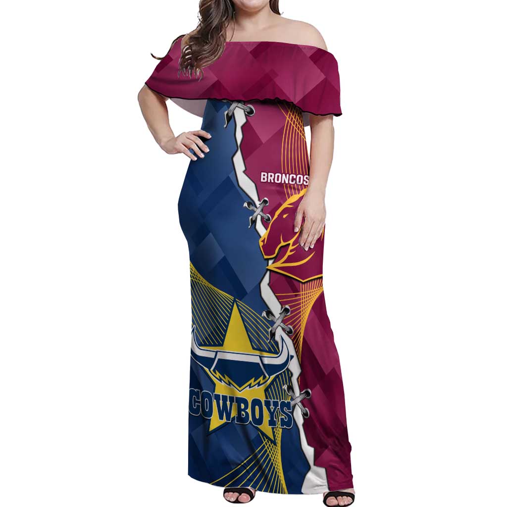 Custom Cowboys And Broncos Rugby Off Shoulder Maxi Dress Dynamic Style
