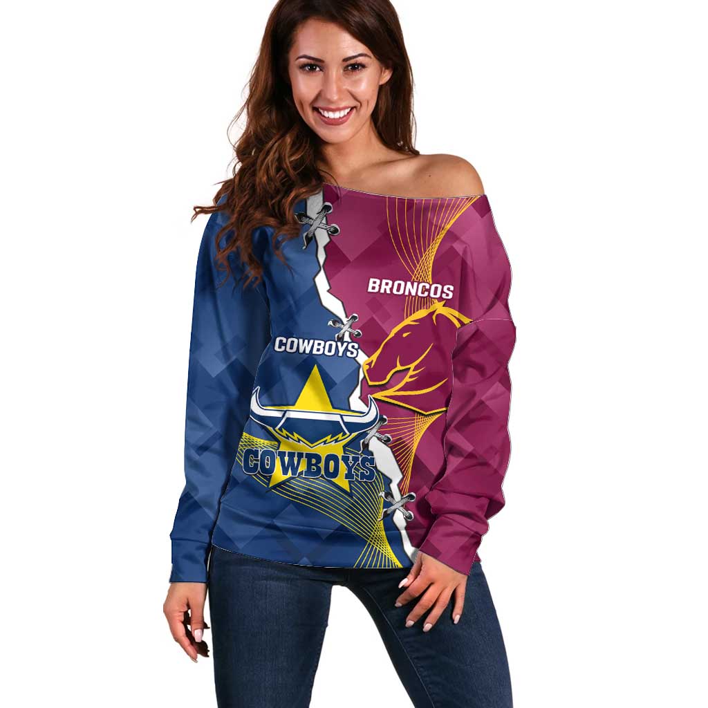Custom Cowboys And Broncos Rugby Off Shoulder Sweater Dynamic Style