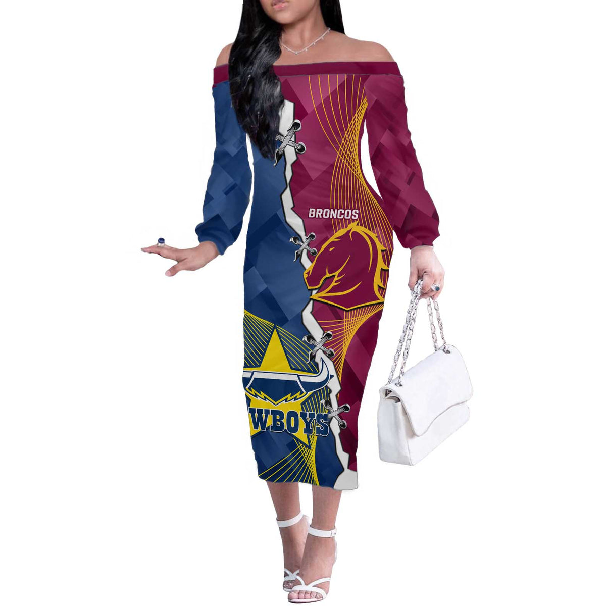 Custom Cowboys And Broncos Rugby Off The Shoulder Long Sleeve Dress Dynamic Style