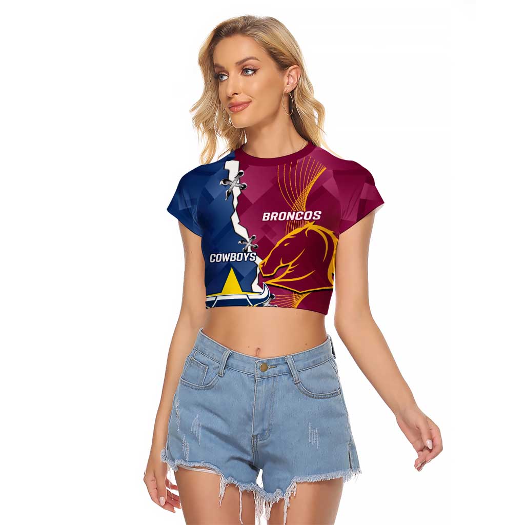 Custom Cowboys And Broncos Rugby Raglan Cropped T Shirt Dynamic Style