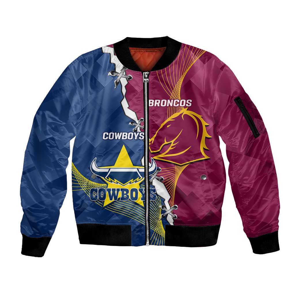 Custom Cowboys And Broncos Rugby Sleeve Zip Bomber Jacket Dynamic Style