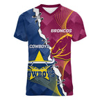 Custom Cowboys And Broncos Rugby Women V-Neck T-Shirt Dynamic Style