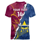 Custom Cowboys And Broncos Rugby Women V-Neck T-Shirt Dynamic Style
