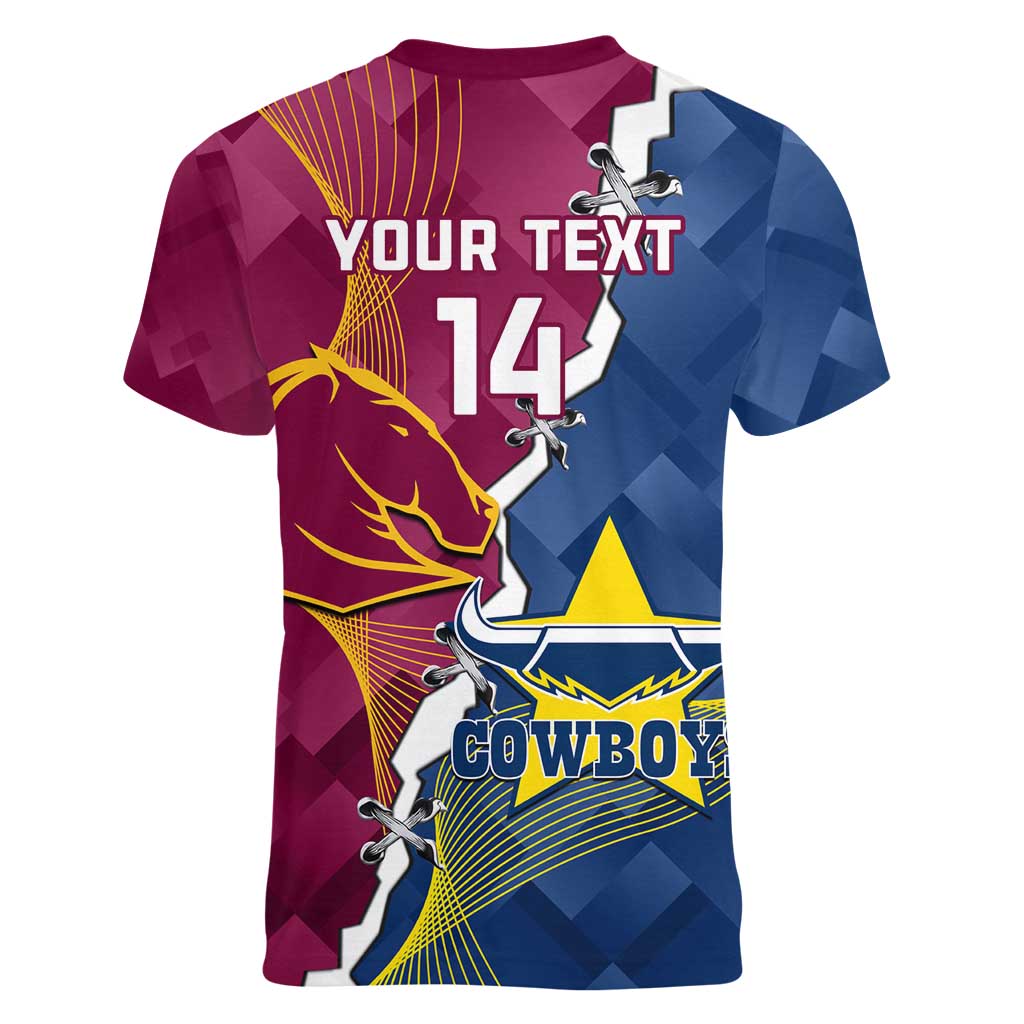 Custom Cowboys And Broncos Rugby Women V-Neck T-Shirt Dynamic Style