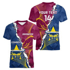 Custom Cowboys And Broncos Rugby Women V-Neck T-Shirt Dynamic Style