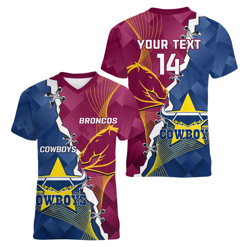 Custom Cowboys And Broncos Rugby Women V-Neck T-Shirt Dynamic Style
