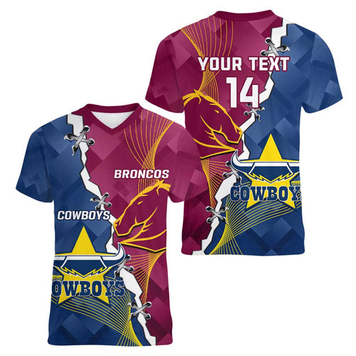 Custom Cowboys And Broncos Rugby Women V-Neck T-Shirt Dynamic Style