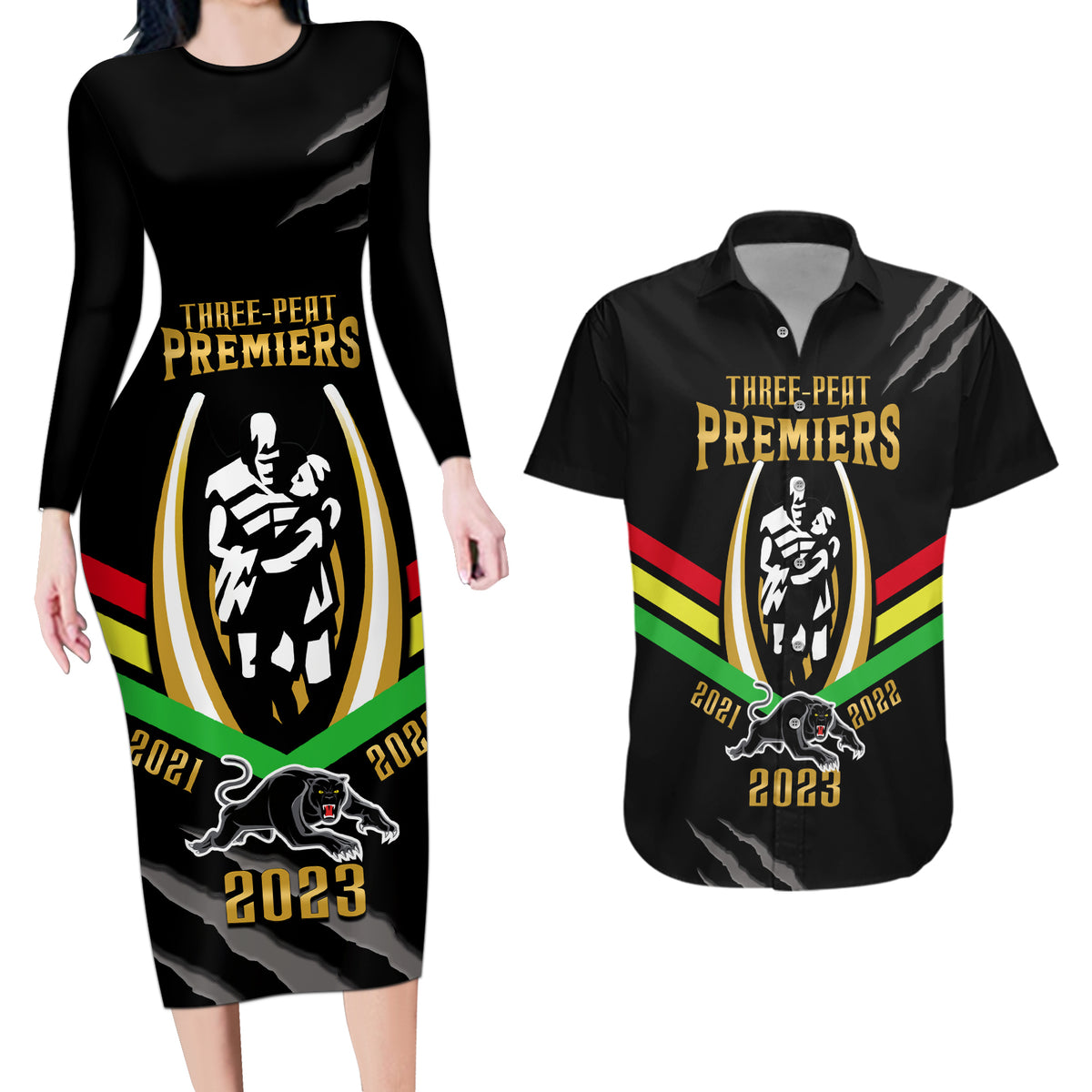nrl-panthers-couples-matching-long-sleeve-bodycon-dress-and-hawaiian-shirt-premiers-2023-three-peat-proud-of-our-boys-black