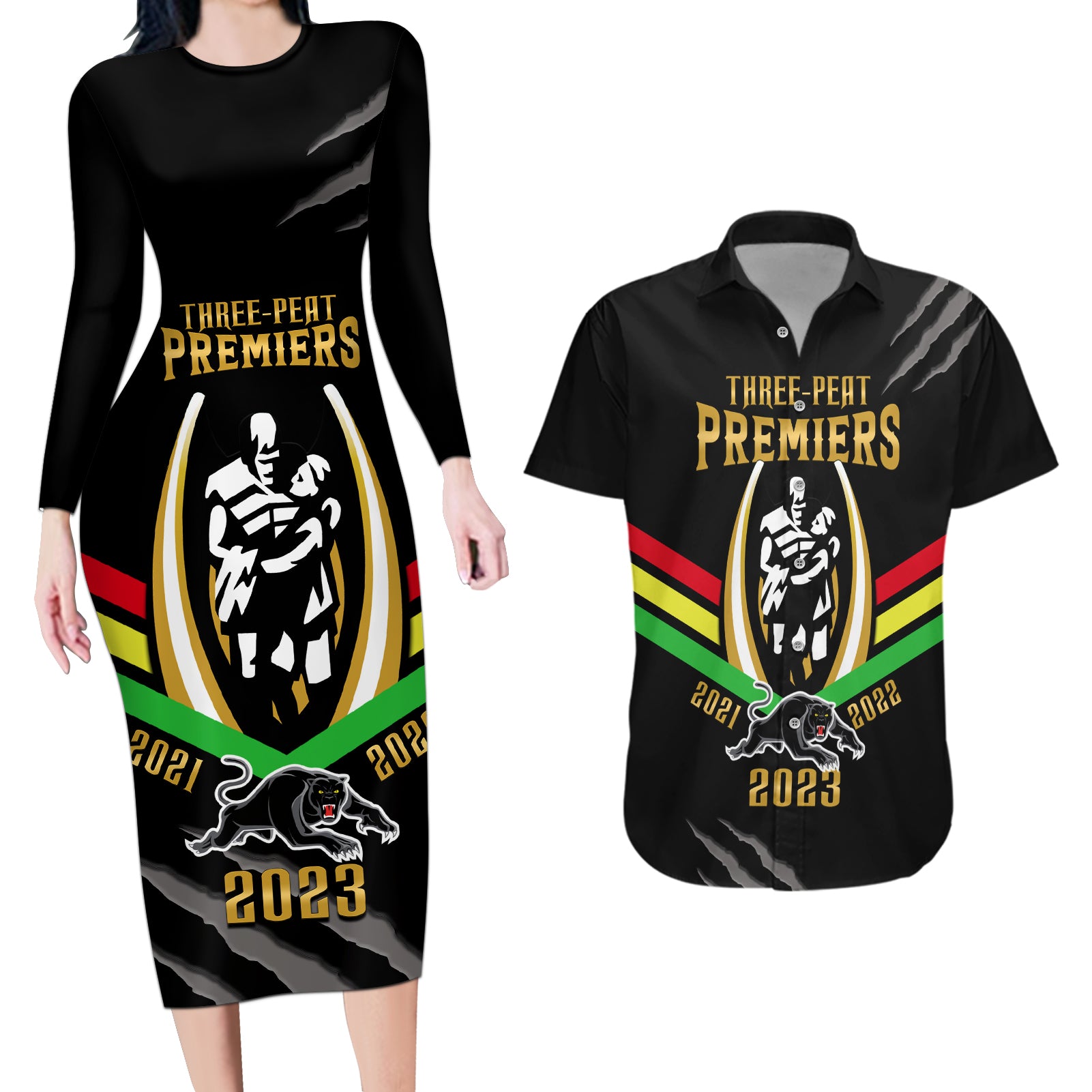 nrl-panthers-couples-matching-long-sleeve-bodycon-dress-and-hawaiian-shirt-premiers-2023-three-peat-proud-of-our-boys-black