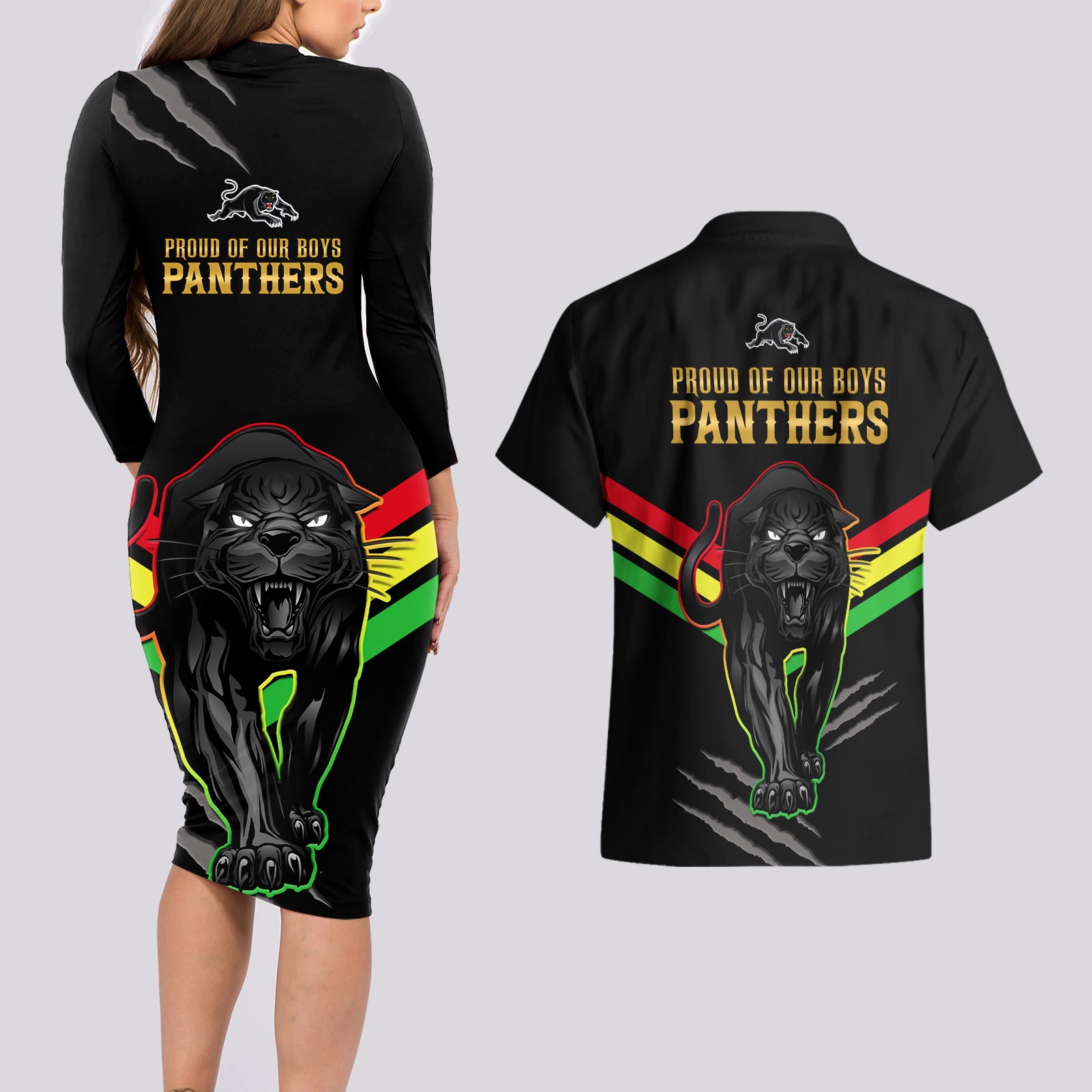 nrl-panthers-couples-matching-long-sleeve-bodycon-dress-and-hawaiian-shirt-premiers-2023-three-peat-proud-of-our-boys-black