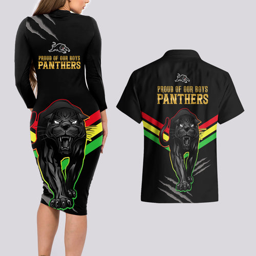 nrl-panthers-couples-matching-long-sleeve-bodycon-dress-and-hawaiian-shirt-premiers-2023-three-peat-proud-of-our-boys-black