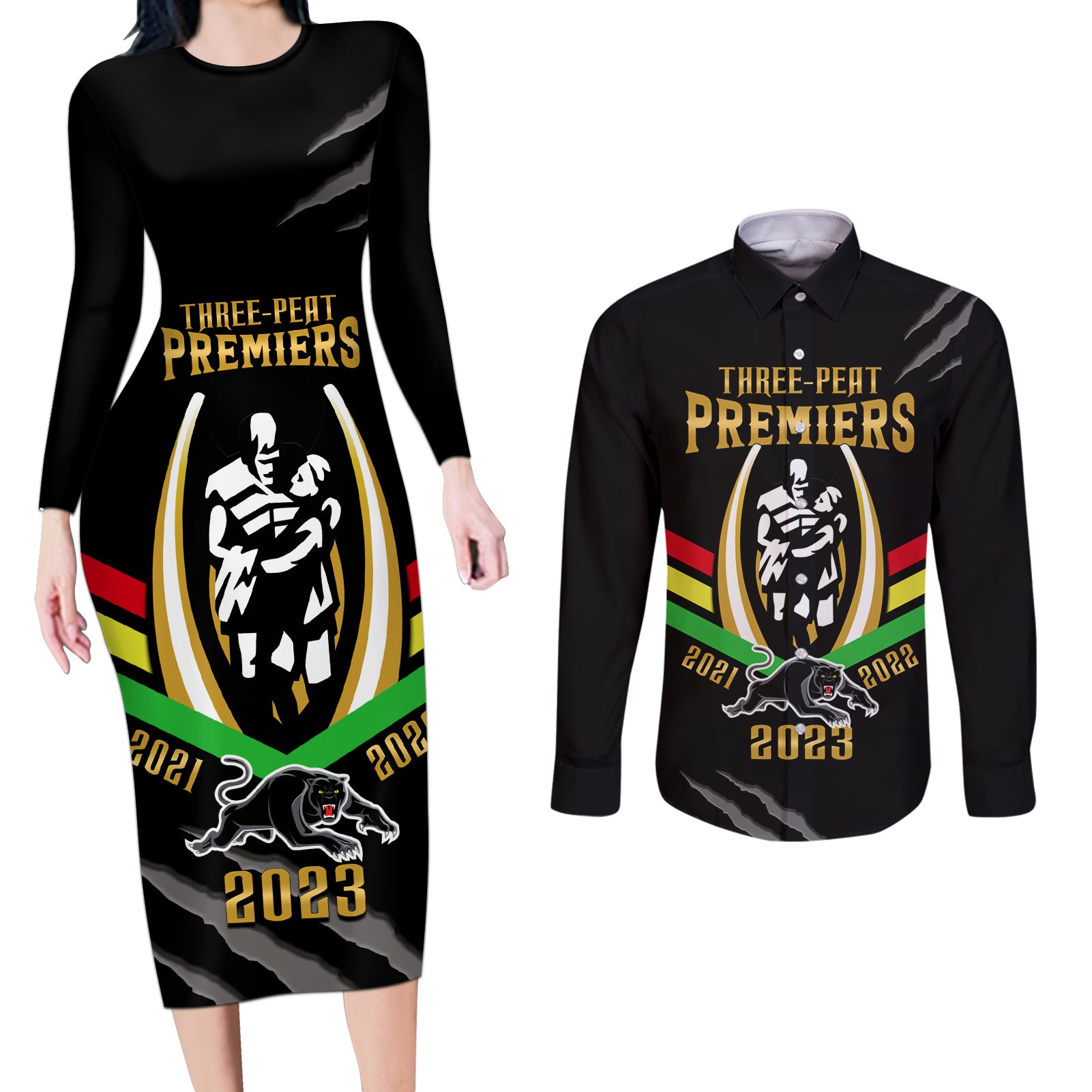 nrl-panthers-couples-matching-long-sleeve-bodycon-dress-and-long-sleeve-button-shirts-premiers-2023-three-peat-proud-of-our-boys-black