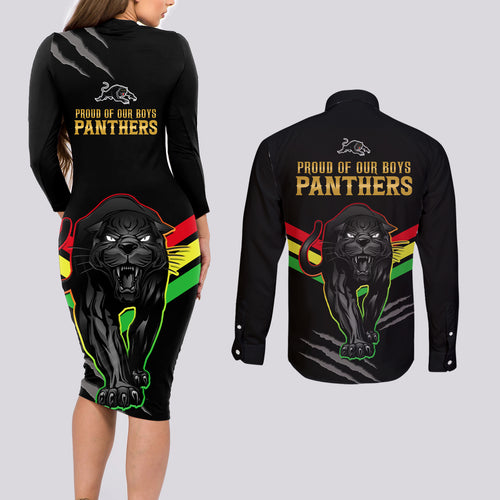 nrl-panthers-couples-matching-long-sleeve-bodycon-dress-and-long-sleeve-button-shirts-premiers-2023-three-peat-proud-of-our-boys-black
