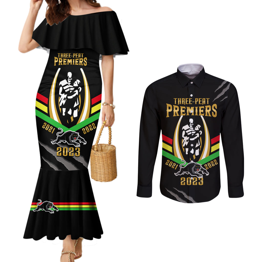 nrl-panthers-couples-matching-mermaid-dress-and-long-sleeve-button-shirts-premiers-2023-three-peat-proud-of-our-boys-black