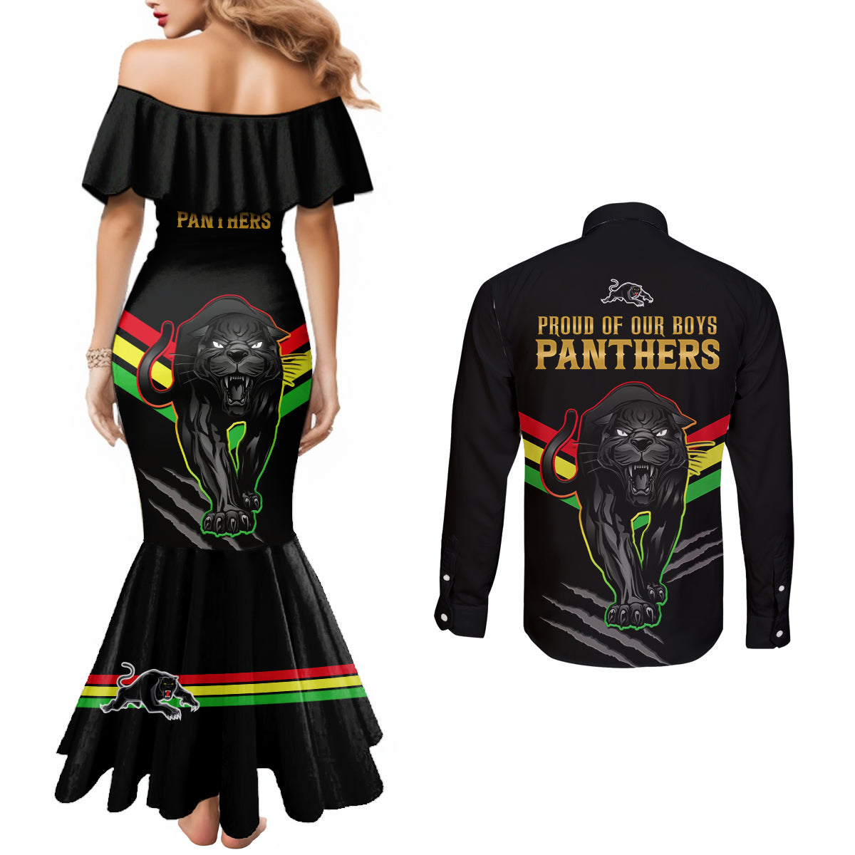 nrl-panthers-couples-matching-mermaid-dress-and-long-sleeve-button-shirts-premiers-2023-three-peat-proud-of-our-boys-black