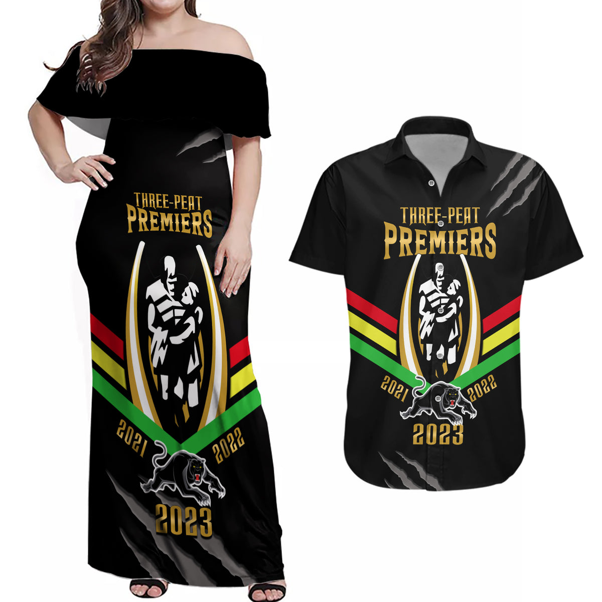 nrl-panthers-couples-matching-off-shoulder-maxi-dress-and-hawaiian-shirt-premiers-2023-three-peat-proud-of-our-boys-black