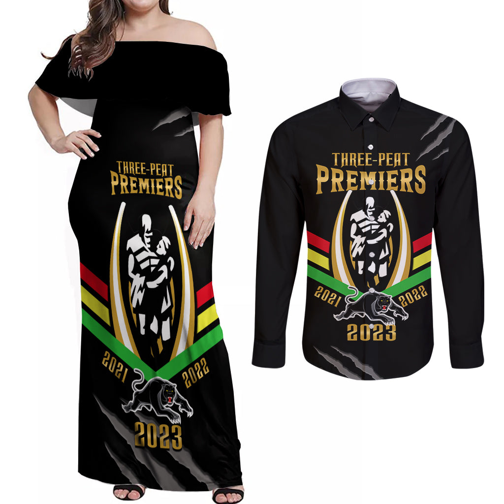 nrl-panthers-couples-matching-off-shoulder-maxi-dress-and-long-sleeve-button-shirts-premiers-2023-three-peat-proud-of-our-boys-black
