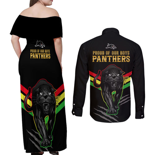 nrl-panthers-couples-matching-off-shoulder-maxi-dress-and-long-sleeve-button-shirts-premiers-2023-three-peat-proud-of-our-boys-black