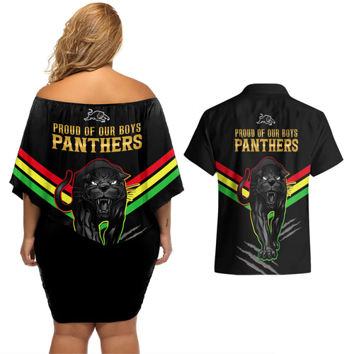 nrl-panthers-couples-matching-off-shoulder-short-dress-and-hawaiian-shirt-premiers-2023-three-peat-proud-of-our-boys-black