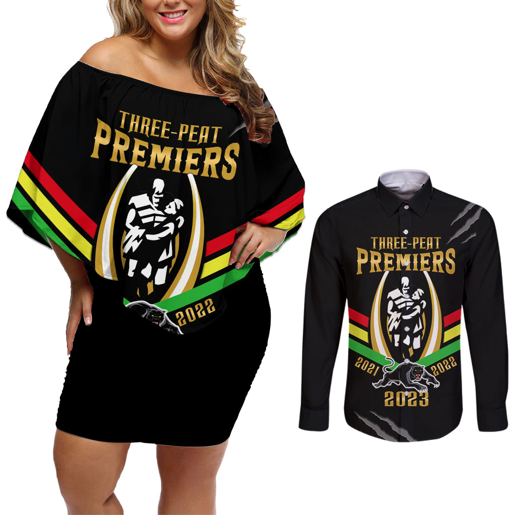 nrl-panthers-couples-matching-off-shoulder-short-dress-and-long-sleeve-button-shirts-premiers-2023-three-peat-proud-of-our-boys-black