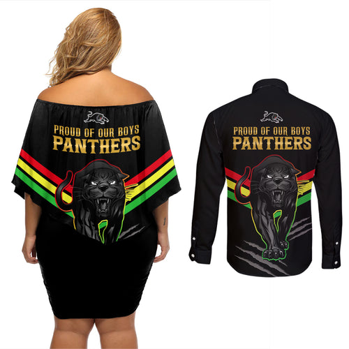 nrl-panthers-couples-matching-off-shoulder-short-dress-and-long-sleeve-button-shirts-premiers-2023-three-peat-proud-of-our-boys-black