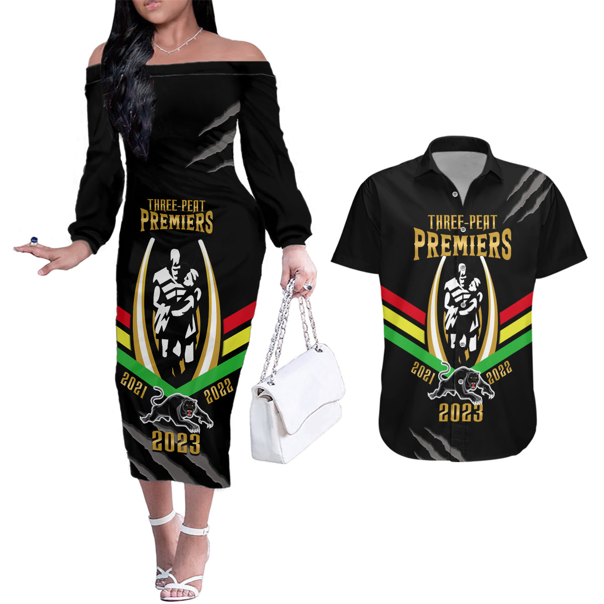 nrl-panthers-couples-matching-off-the-shoulder-long-sleeve-dress-and-hawaiian-shirt-premiers-2023-three-peat-proud-of-our-boys-black