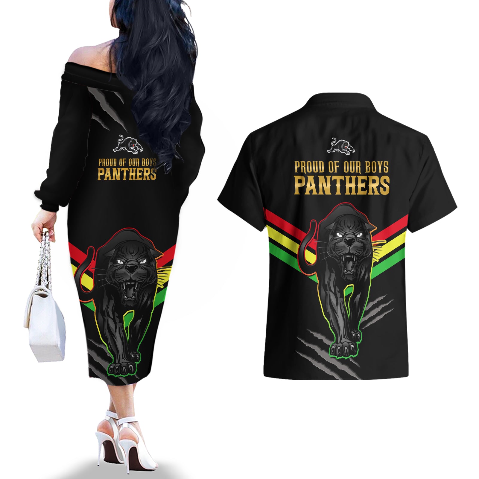 nrl-panthers-couples-matching-off-the-shoulder-long-sleeve-dress-and-hawaiian-shirt-premiers-2023-three-peat-proud-of-our-boys-black