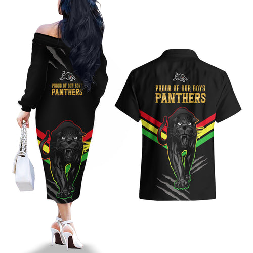 nrl-panthers-couples-matching-off-the-shoulder-long-sleeve-dress-and-hawaiian-shirt-premiers-2023-three-peat-proud-of-our-boys-black