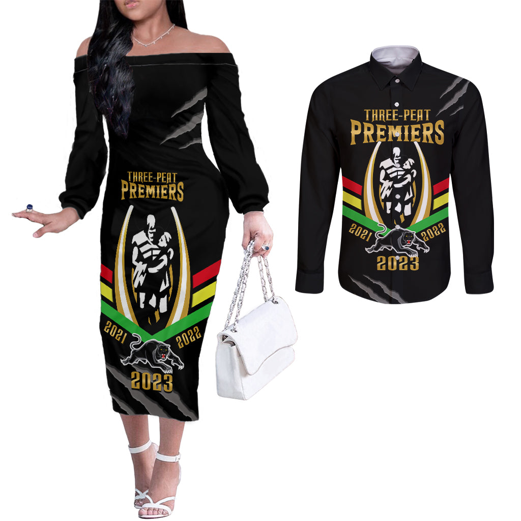 nrl-panthers-couples-matching-off-the-shoulder-long-sleeve-dress-and-long-sleeve-button-shirts-premiers-2023-three-peat-proud-of-our-boys-black