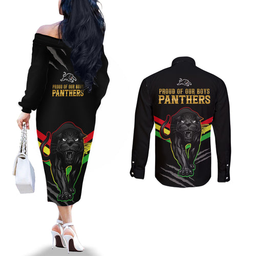 nrl-panthers-couples-matching-off-the-shoulder-long-sleeve-dress-and-long-sleeve-button-shirts-premiers-2023-three-peat-proud-of-our-boys-black