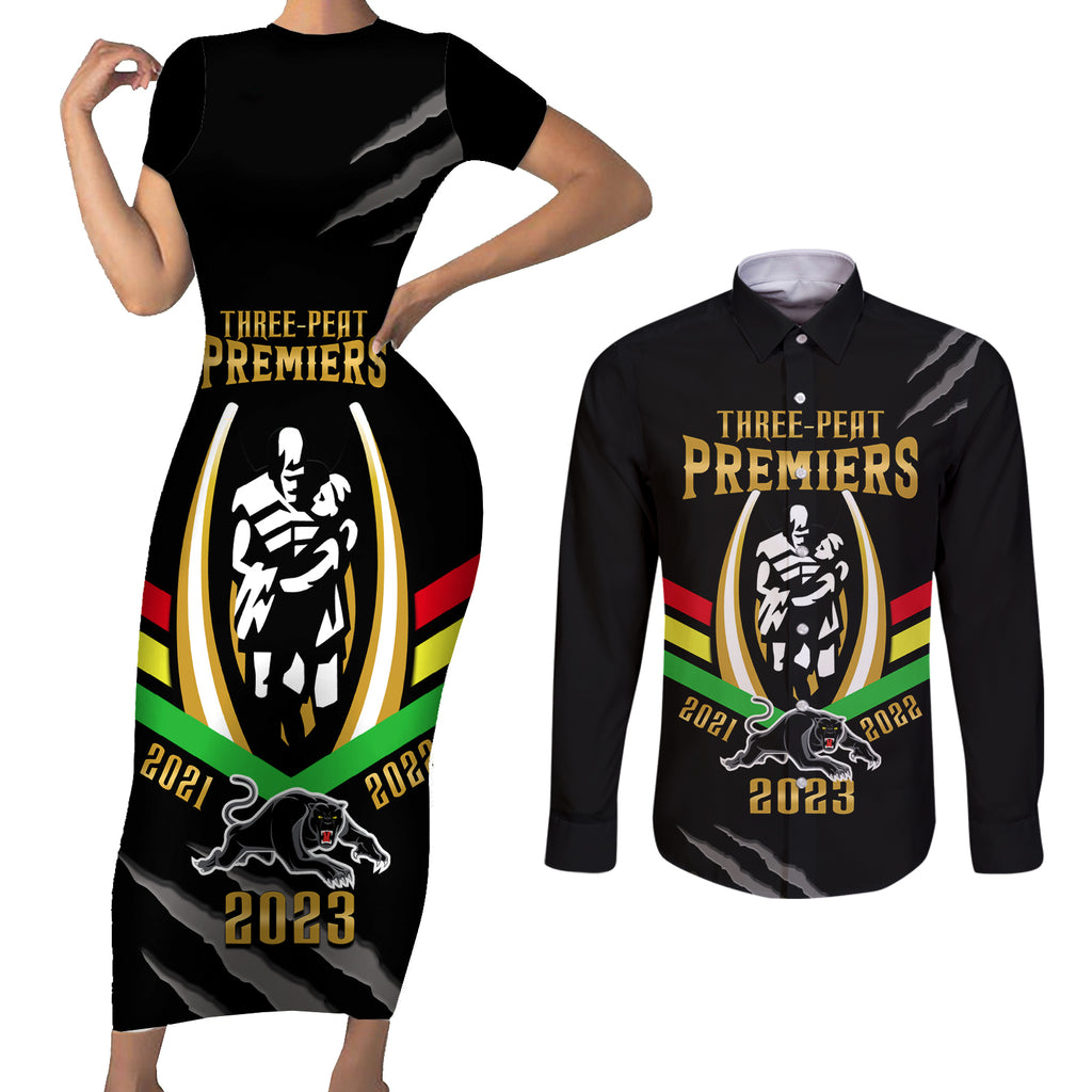 nrl-panthers-couples-matching-short-sleeve-bodycon-dress-and-long-sleeve-button-shirts-premiers-2023-three-peat-proud-of-our-boys-black