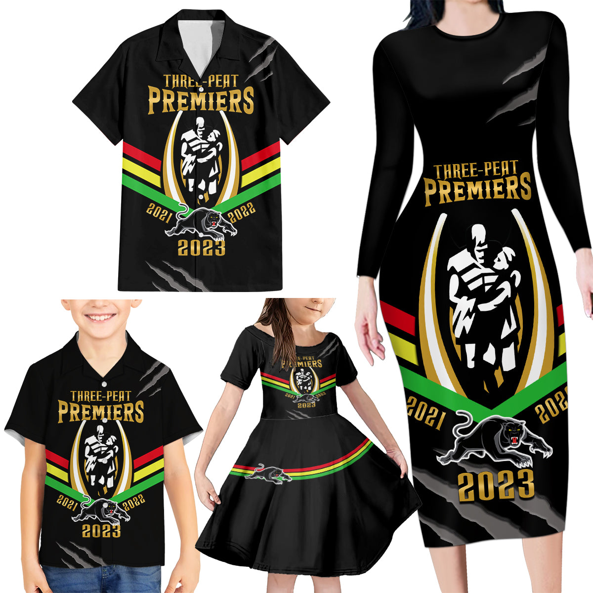 nrl-panthers-family-matching-long-sleeve-bodycon-dress-and-hawaiian-shirt-premiers-2023-three-peat-proud-of-our-boys-black