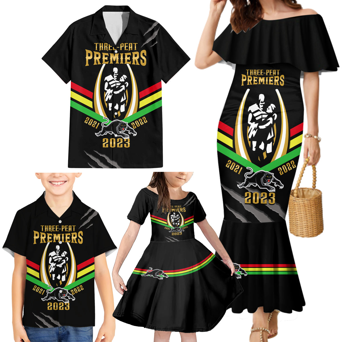 nrl-panthers-family-matching-mermaid-dress-and-hawaiian-shirt-premiers-2023-three-peat-proud-of-our-boys-black