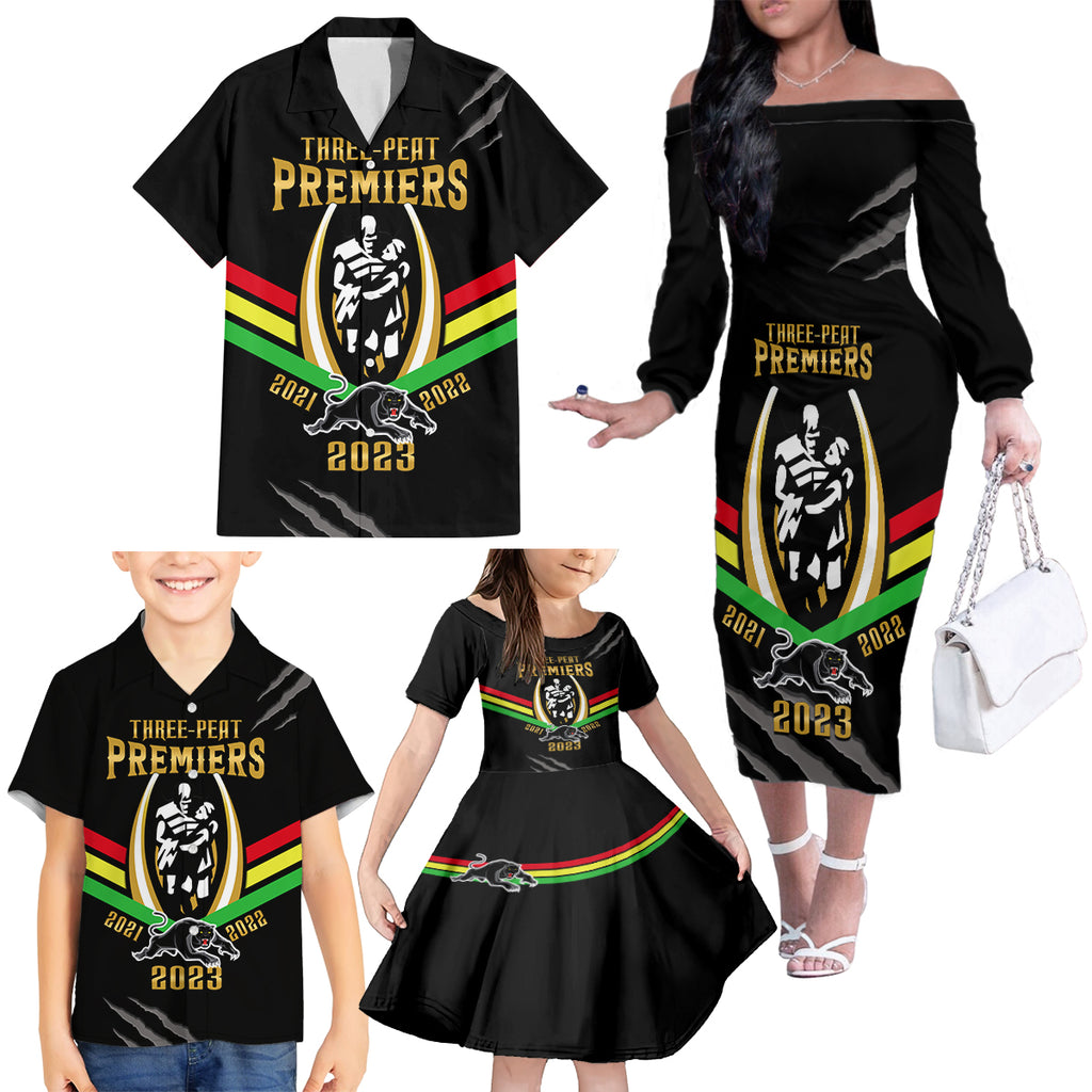 nrl-panthers-family-matching-off-shoulder-long-sleeve-dress-and-hawaiian-shirt-premiers-2023-three-peat-proud-of-our-boys-black