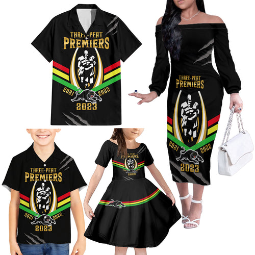 nrl-panthers-family-matching-off-shoulder-long-sleeve-dress-and-hawaiian-shirt-premiers-2023-three-peat-proud-of-our-boys-black