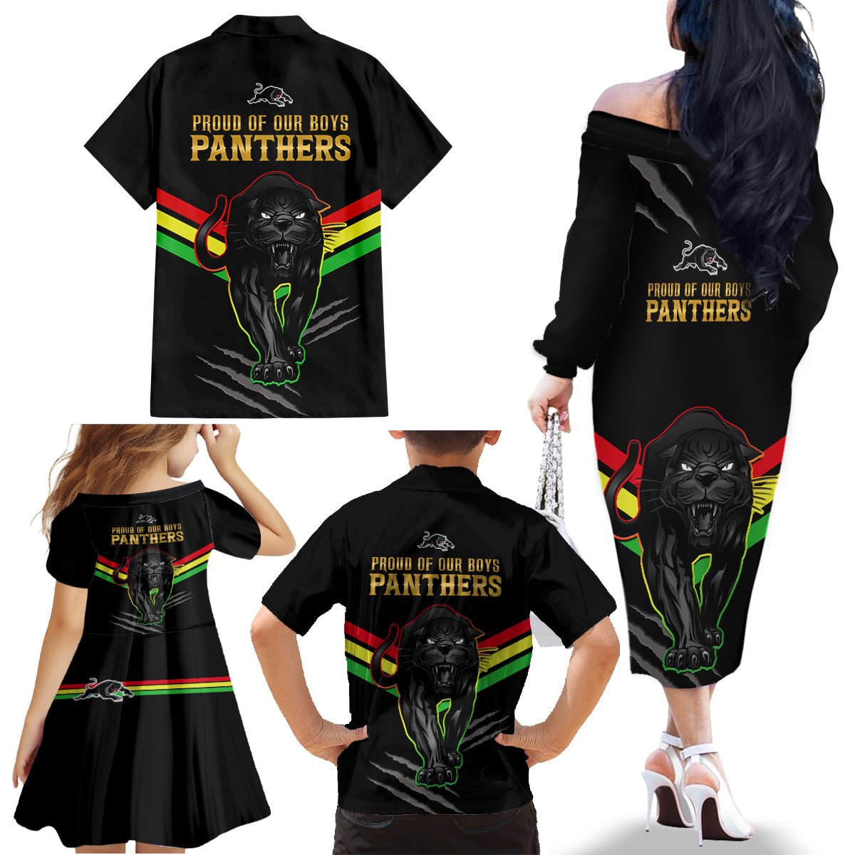 nrl-panthers-family-matching-off-shoulder-long-sleeve-dress-and-hawaiian-shirt-premiers-2023-three-peat-proud-of-our-boys-black