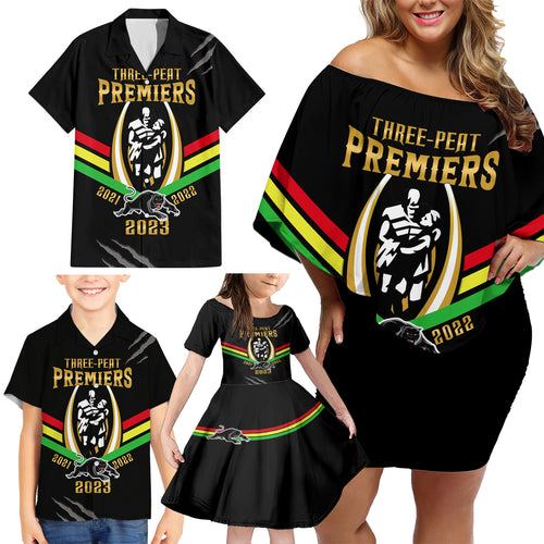 nrl-panthers-family-matching-off-shoulder-short-dress-and-hawaiian-shirt-premiers-2023-three-peat-proud-of-our-boys-black