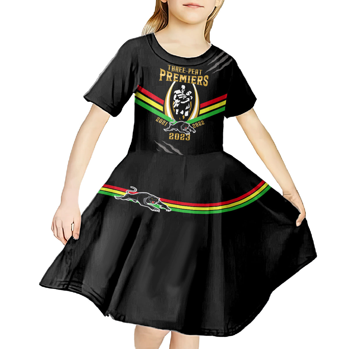 nrl-panthers-kid-short-sleeve-dress-premiers-2023-three-peat-proud-of-our-boys-black