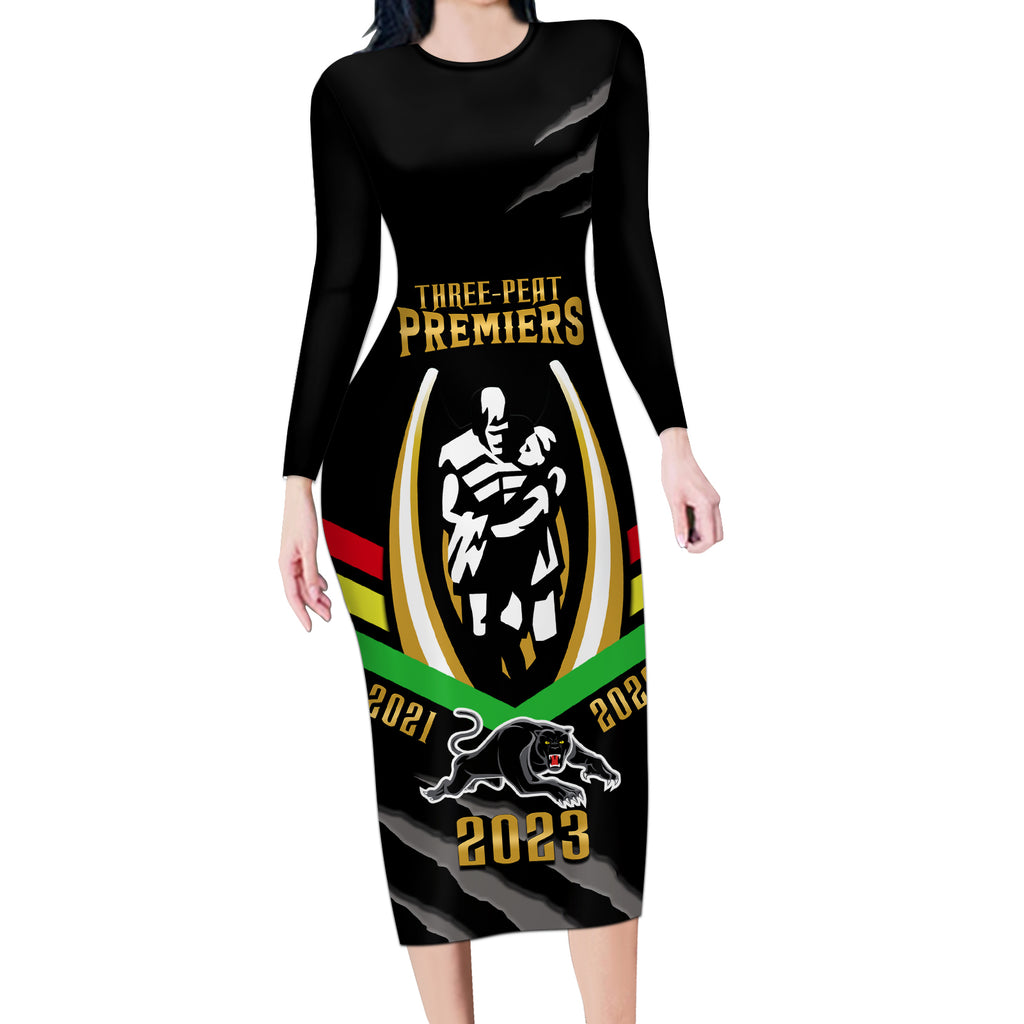nrl-panthers-long-sleeve-bodycon-dress-premiers-2023-three-peat-proud-of-our-boys-black