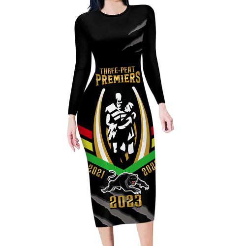 nrl-panthers-long-sleeve-bodycon-dress-premiers-2023-three-peat-proud-of-our-boys-black