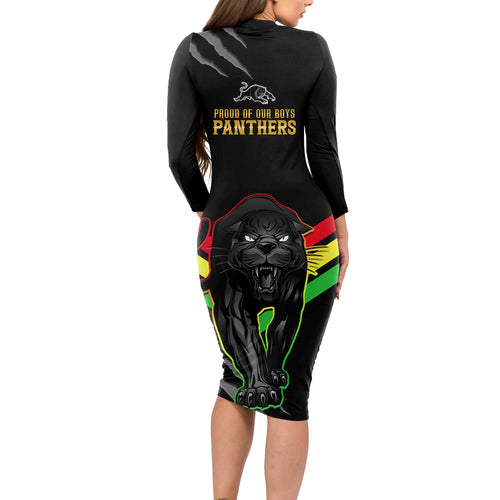 nrl-panthers-long-sleeve-bodycon-dress-premiers-2023-three-peat-proud-of-our-boys-black