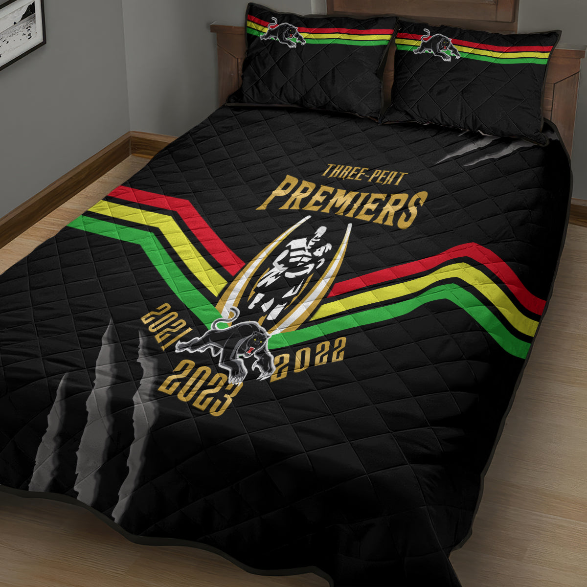 nrl-panthers-quilt-bed-set-premiers-2023-three-peat-proud-of-our-boys-black