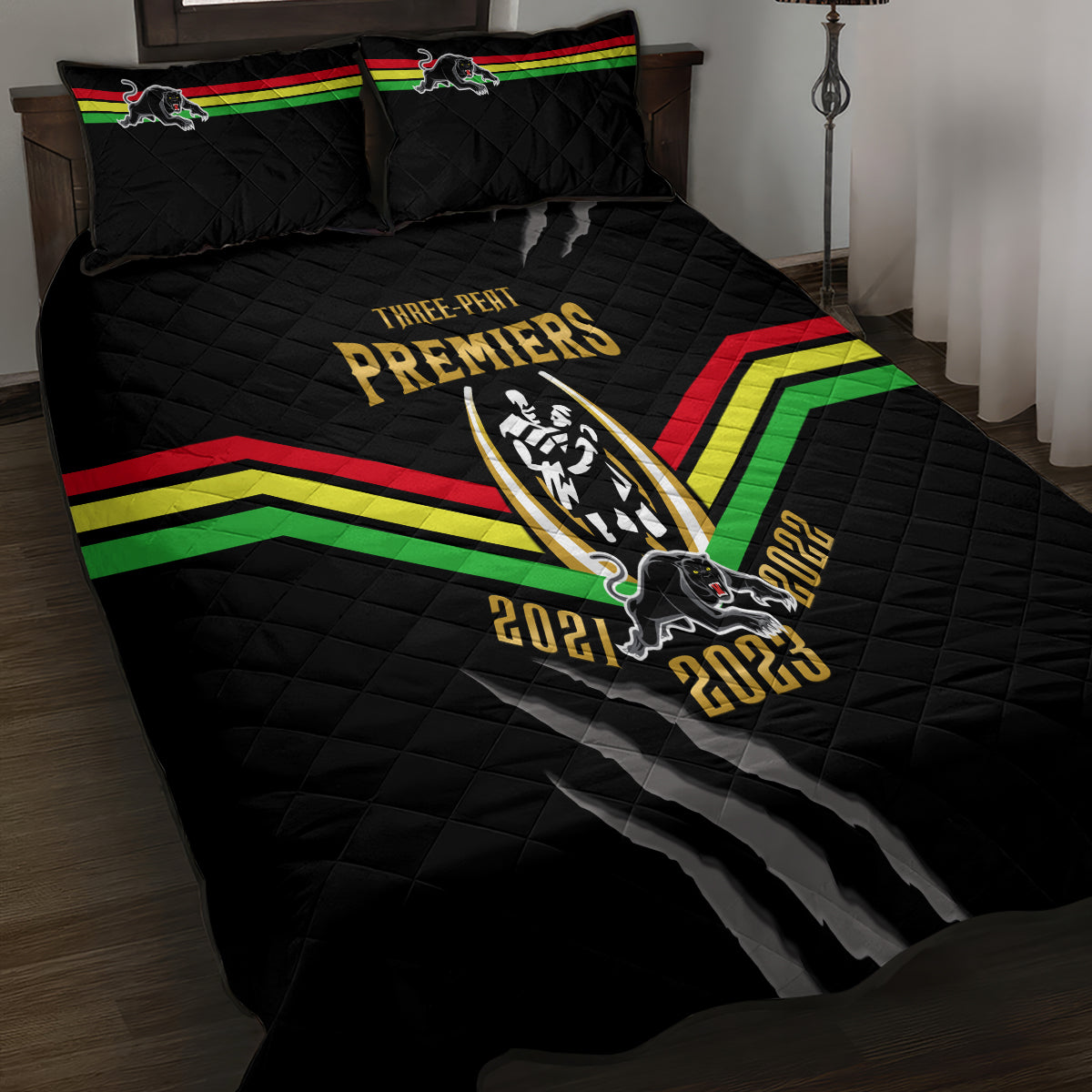 nrl-panthers-quilt-bed-set-premiers-2023-three-peat-proud-of-our-boys-black