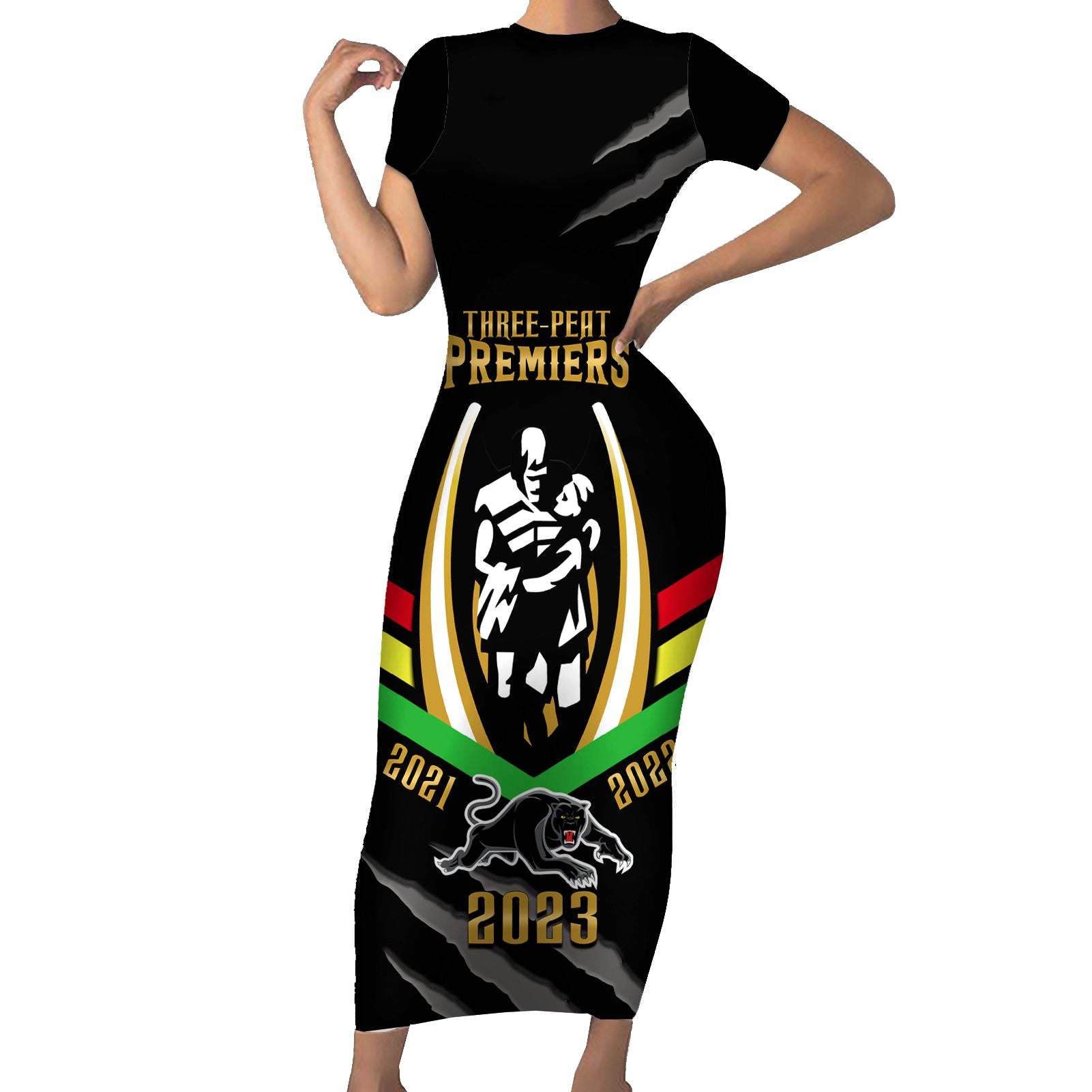 nrl-panthers-short-sleeve-bodycon-dress-premiers-2023-three-peat-proud-of-our-boys-black