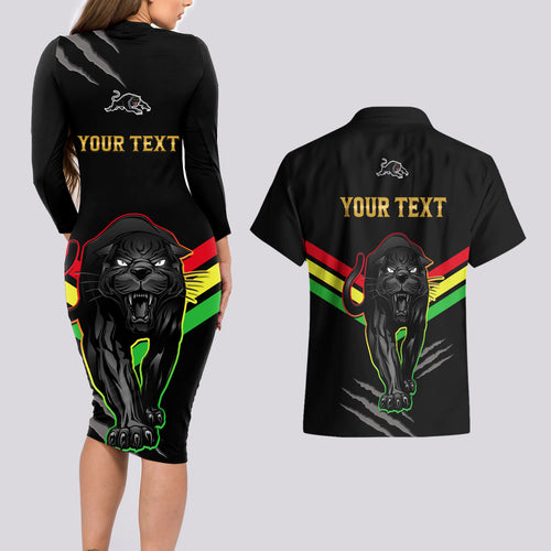 personalised-nrl-panthers-couples-matching-long-sleeve-bodycon-dress-and-hawaiian-shirt-premiers-2023-three-peat-proud-of-our-boys-black