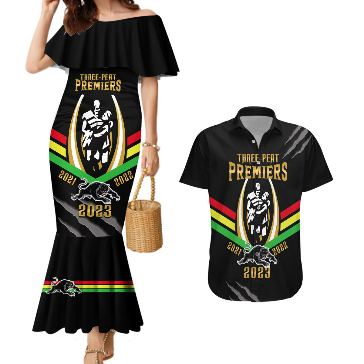 personalised-nrl-panthers-couples-matching-mermaid-dress-and-hawaiian-shirt-premiers-2023-three-peat-proud-of-our-boys-black